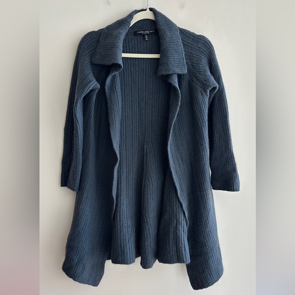 Carmen Marc Valvo Steel Blue Cozy Open Front Cardigan Sweater, Size Small - Picture 2 of 16